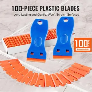 Plastic Razor Blade Scraper Kit 2pcs Tool 100pcs Blades for Cleaning Stickers Decals Adhesive Labels Paint from Glass Car Window Caulk No Scratches Lightweight Reusable Multi-Blade Window Scraper