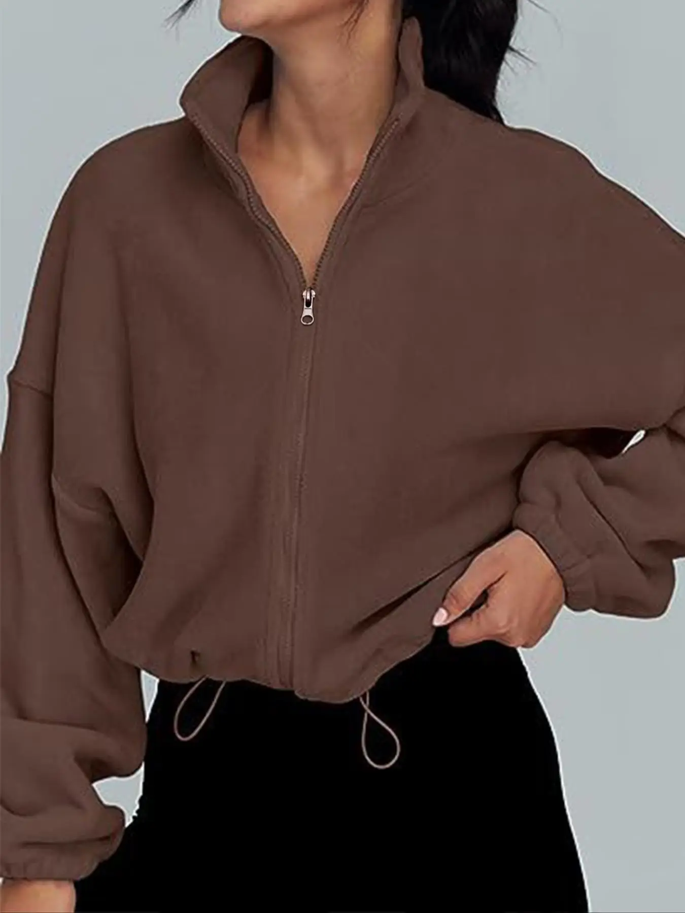 Sporty Women's Solid Color Drawstring Zip Up Sports Jacket, Sport Stand Collar Drop Shoulder Outerwear for Fall & Winter, Ladies Sportswear for Indoor