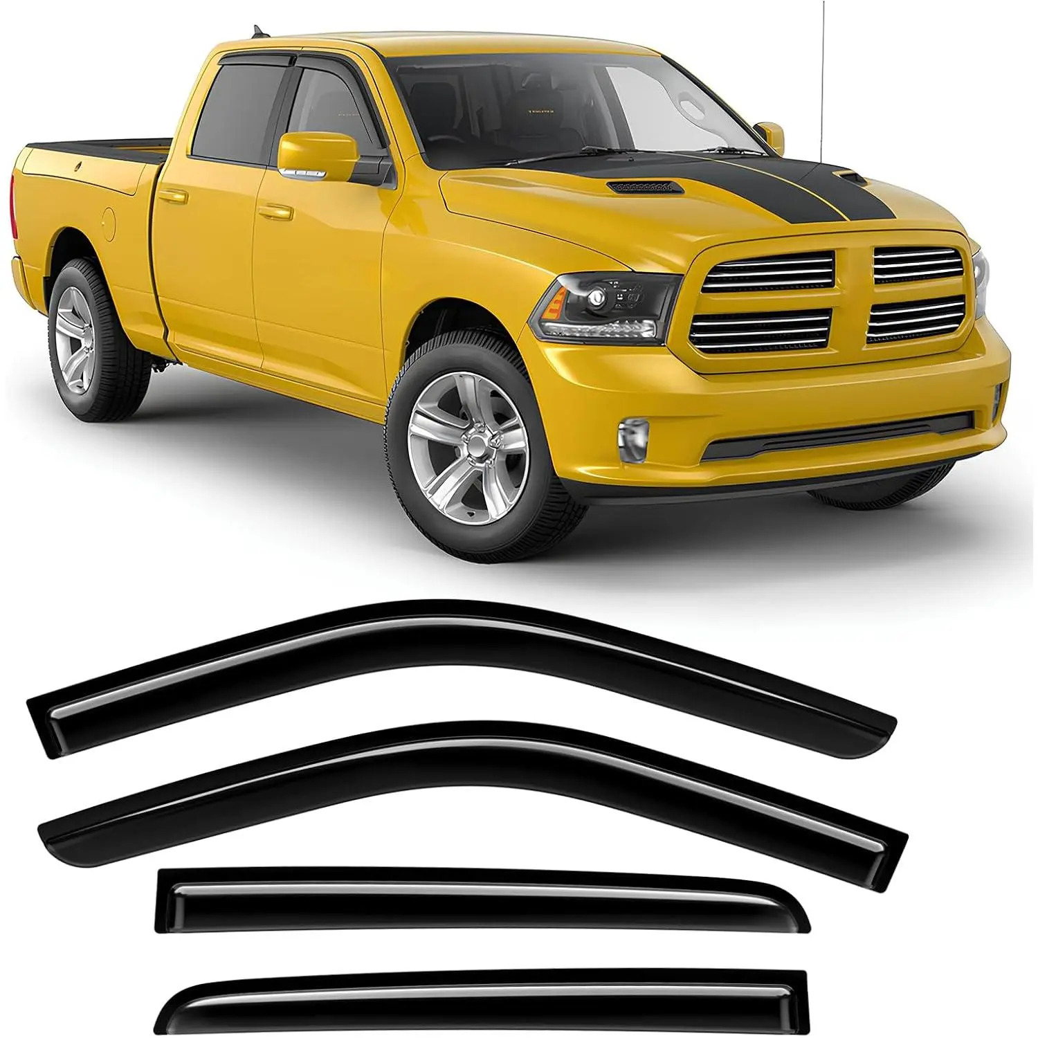 Contour-Fit Acrylic Tape-On Car Side Window Deflectors & Visors for Dodge Ram 1500 Crew Cab Truck 2011-2018, Black Shatterproof Sun Protection Window Shield with Ventilation Aid, Assembly Required - 4-Piece Set