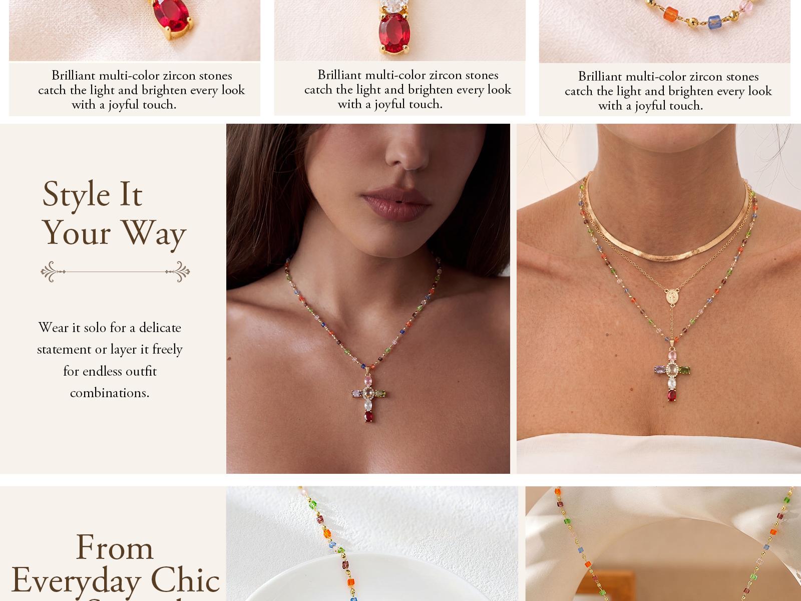 TEWIKY 14K Gold-Plated Gold Spacer Beads / Multicolor Cubic Zirconia Cross Pendant Necklace, Jewelry Necklace, Fashion Accessory Gift, Women's Everyday Casual Match Item TEWIKY 14K Gold-Plated Gold Spacer Beads / Multicolor Cubic Zirconia Cross Pendant Necklace, Jewelry Necklace, Fashion Accessory Gift, Women's Everyday Casual Match Item