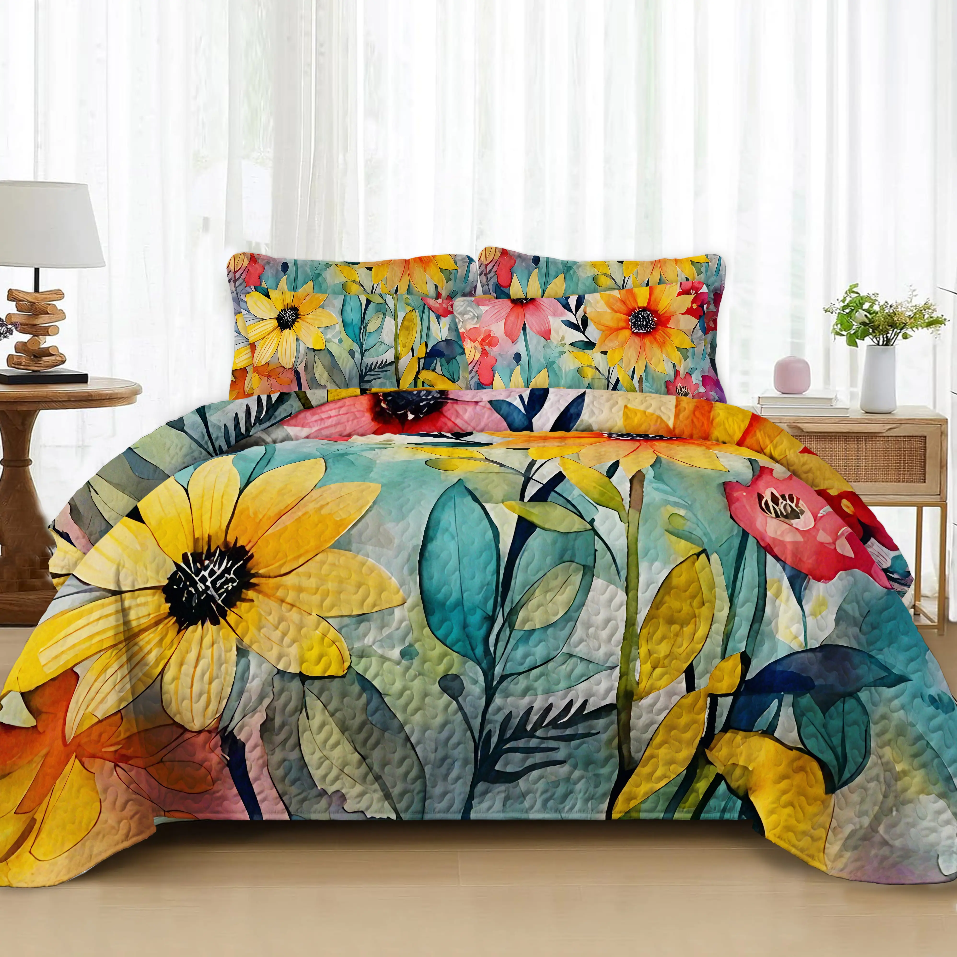 3 Piece Watercolor Sunflower Bedspread Set, Floral Printed Quilt Coverlet with 2 Pillow Shams, Soft Lightweight Bedding Set, Full/Queen 90x90 Inch
