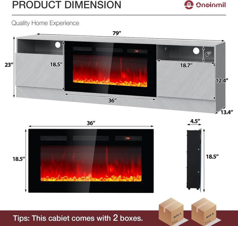 【2 Packages Shipping】oneinmil 80"  Fireplace TV Stand with Two Hinged Doors for TVs UP to 90”, Modern Electric Fireplace Entertainment Center with LED Lights & Storage Cabinets, TV Stand for Living Room 90”Gray
