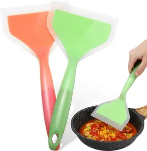 2 Pcs Wide Silicone Spatula Tamagoyaki Shovel Turner Nonstick Fried Shovel Fish Spatula Silicone Wide Flexible Turner for Nonstick Cookware Egg Cookie Omelette Green Orange