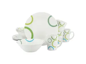Gibson Home Green Loops 12 Piece Round Fine Ceramic Dinnerware Set in White