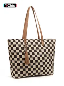 Fashion Large Capacity Checkered Crossbody Shoulder Bag with Tassel & Keys, Durable Tote Bags for Women, Top Handle Satchel Handbag, Laptop Purse and Handbags, Professional Business Briefcase for Office Lady Works Computer, Fashionable Patterned Bag