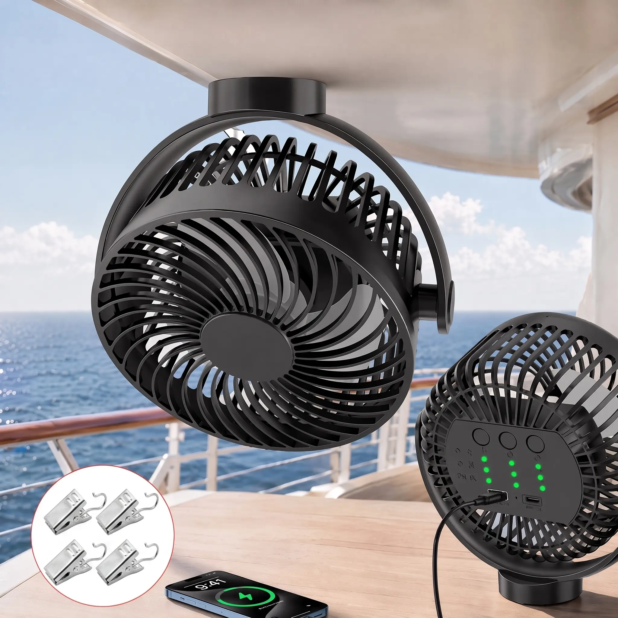 Magnetic Cruise Fan with 10000mAh Rechargeable Battery, Cruise Essentials with 4 Bonus Cabin Curtain & Laundry Clips, LED Light, Timer & Power Bank, Strong Magnetic Base for Cruise Cabin Ceiling & Wall, 3-Speed 360° Adjustable Portable Travel Fan
