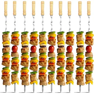 12 Pack Kabob Skewers BBQ Barbecue Skewers Stainless Steel Sticks 22.5 Inch Heavy Duty Large Wide Reusable with Nonslip Wooden Handle Ideal for Shish Kebab Chicken Shrimp and Vegetables