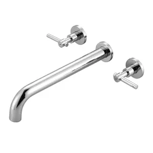 WOWOW Modern Solid Brass Wall-Mount Tub Filler - Chrome High-Flow Bathroom Faucet with 12-in Long Spout Reach and NPT Threads