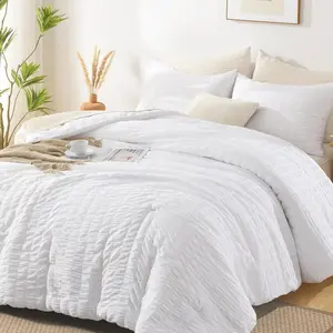 Seersucker King Comforter Set (104x90 inches), 3 Pieces - 100% Soft Washed Microfiber Lightweight Comforter with 2 Pillowcases, All Season Down Alternative Comforter Set for Bedding, White