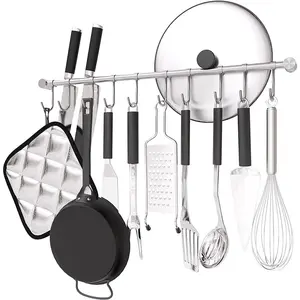 Kitchen Hanging Rack, 20 Inch Wall-Mounted Pot Holder with 10 Quiet Sliding Hooks, Rail Organizer Utensil Holder Bar for Cooking Spatulas Cups, Made of 304 Stainless Steel. (Silver)