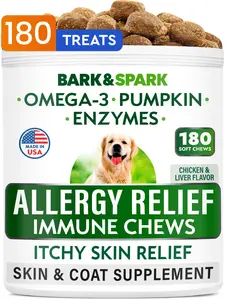 Bark & Spark Dog Allergy Relief Chews (180 Immune Treats) - Anti-Itch Skin & Coat Supplement - Omega 3 Fish Oil - Itchy Skin Relief Treatment Pills - Itching&Paw Licking - Dry Skin & Hot Spots -Chicken