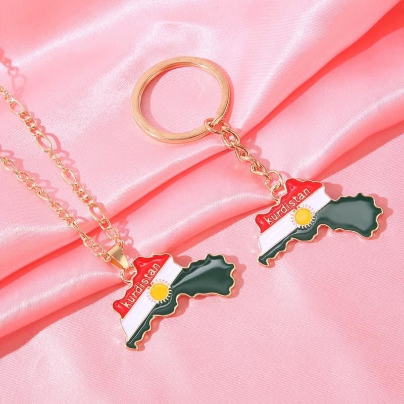 Kurdistan Map Charm Necklace Flag Pendant Clavicle Chain Ethnic Long Choker Jewelry Friendship Keychain for Women Men