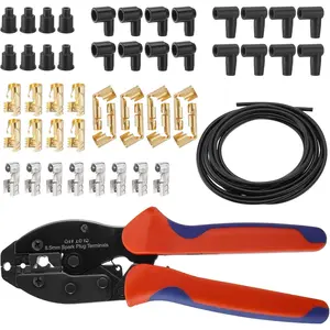 Ratchet Spark Plug Wire Crimping Tool Kit, 180 /90 /Straight Spark Plug Coil Terminals & 24 count Boots, Ratcheting Wire  Diameter 8.5-8mm (With Spark Plug Wires)
