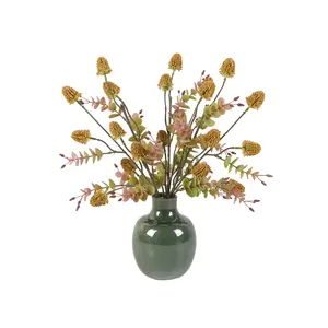 17" Artificial Thistle and Leaf Arrangement in Green Ceramic Vase Lifelike Floral Decor for Any Space Decorative Plants & Ornaments