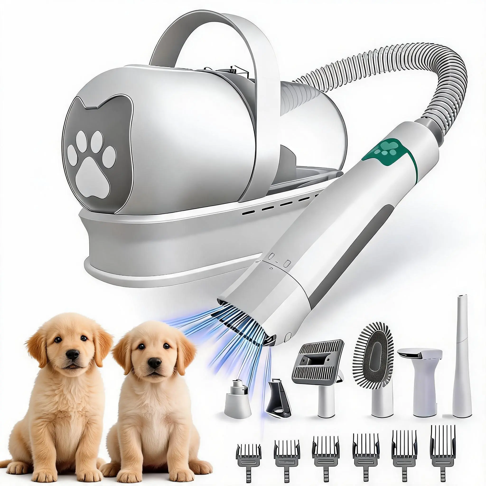 All-in-One Pet Hair Vacuum & Clipper System, 7-Piece Grooming & Nail Care Kit for Cats & Dogs - Anti-Shedding Tool Set for Shiny Tangle-Free Coat