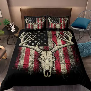 2/3 Pcs Flag & Deer Skull Print Duvet Cover Set, Vintage Hunting Camo Pattern Bedding Set, No Filling/Zipper Closure, Country Style Bedroom Decor for Teens and Adults, Decorative Duvet Cover, All Seasons