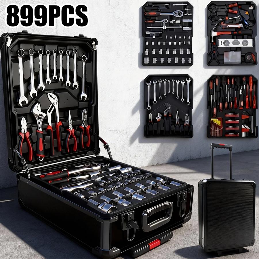 899-Piece Tool Set - High-Capacity Portable Metal Tool Case,Wheeled Mobile Tool Cabinet, and 4-Tier Aluminum Alloy Storage Unit- A Complete Kit for Mechanical Repair & Home Maintenance - ThePerfect Father's Day Gift
