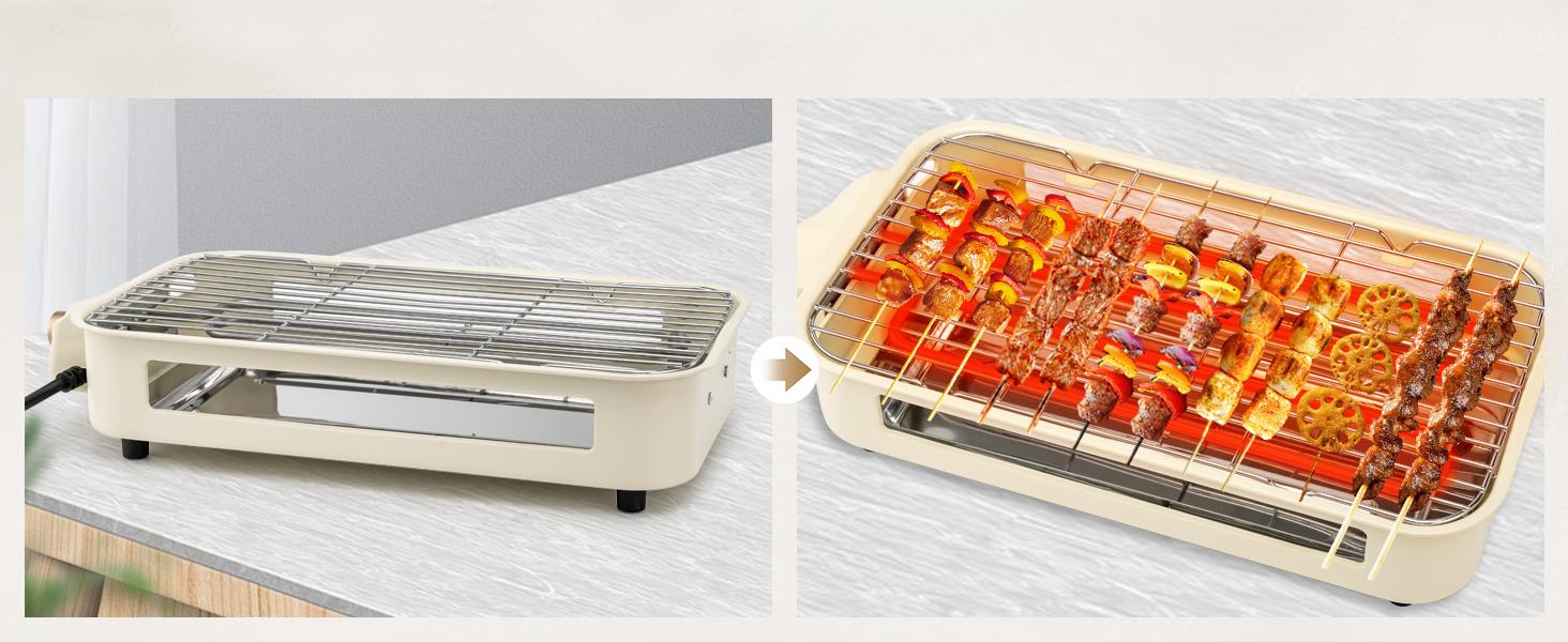 Pukomc Electric Indoor Grill,2 in 1 Indoor Grills for Kitchen with Grill Net & Non-Stick Cooking Removable Plate, Temperature Control, Dishwasher Safe, 1800W Smokeless barbecue Universal Griddle