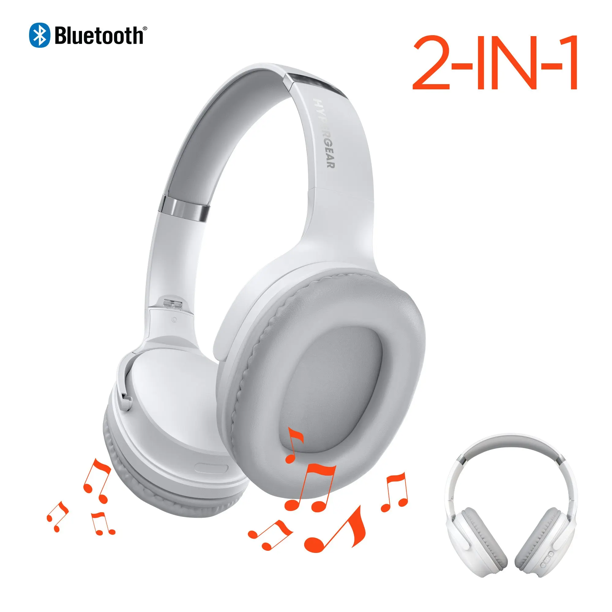 2-in-1 Portable Audio Flip Wireless Headphones, Convertible to Speaker | White
