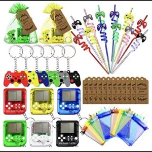 48 Pieces Brick Game Keychain Set Includes 6 Brick Game Consle Keychain,12 Video Game Straws and 6 Video Game Controller Keychains with 12 Thank You Kraft Tags and 12 Organza Bags for Party Favors