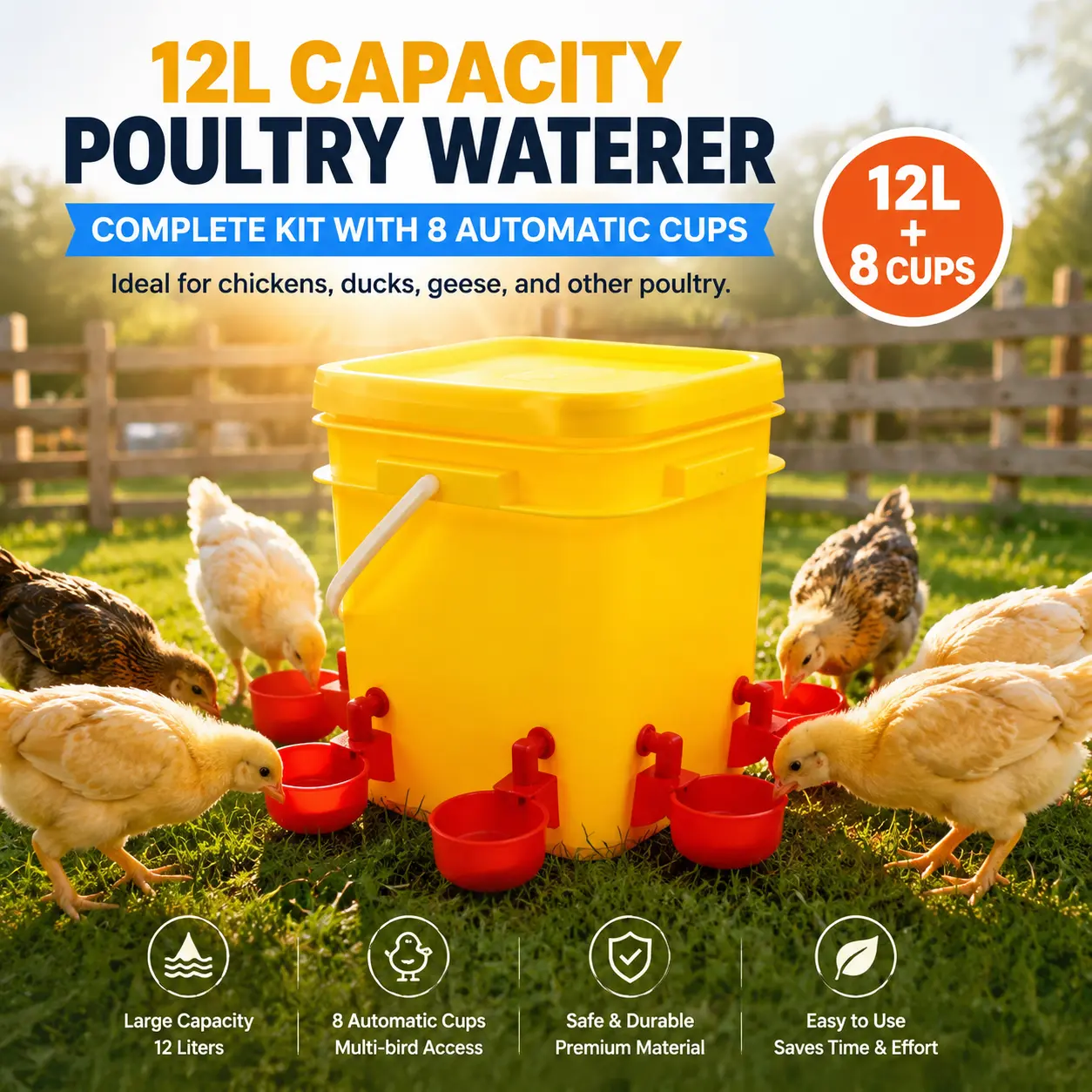 12L Automatic Poultry Waterer with 8 Drinking Bowls, Dustproof Lid Leak-Proof Chicken Water Bucket for Chickens Ducks Geese Pigeons Quails Backyard Farm Supplies