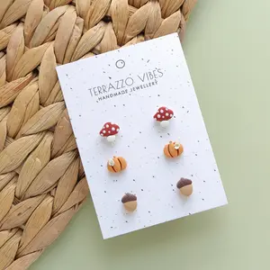 Terrazzo Vibes Cute Mushroom Pumpkin Acorn Mini Stud Earrings Handcrafted Polymer Clay 14k Gold Plated Brass Post Durable Resin Jewelry