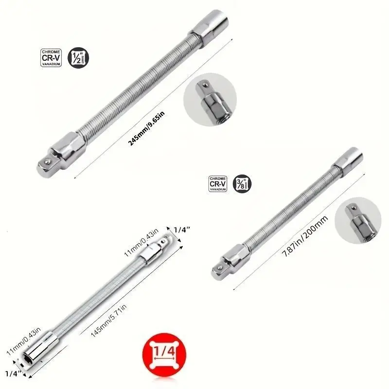 1/2 Inch 35CM Flexible Socket Wrench Tool Kit, Equipped with 3 Angled Bendable Shafts & Wrench Extender Connecting Rods, Universal Hand Tool for Car Repair, Workshop & Father’s Day Gift