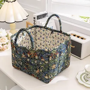 Quilted Fabric Storage Basket with Handles, Foldable Floral Organizer Bin for Home Laundry, 12.6"x10.6"x10.6" Easter Home Organizer Shelf Basket