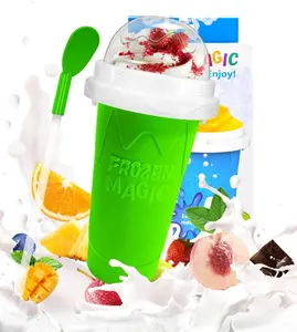 400ML Silicone Slushie Maker Cup - DIY Magic Squeeze Cup with Straw & Spoon, Portable Kitchen Utensils for Milk & Ice Cream, Double-Layer, Kids' Birthday Gift (Green) Slushy with Lid and Spoon