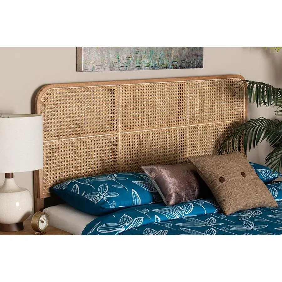 bali & pari Lainer Modern Bohemian Natural Brown Finished Bayur Wood and Rattan Queen Size Headboard