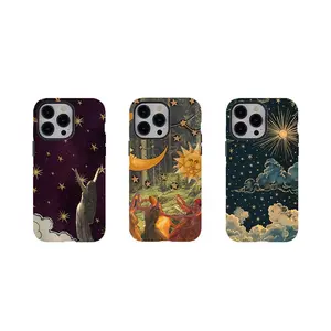 Retro Forest Sun & Moon &Stars Phone Case,Sunburst Clouds parttern Tough phone Cover,Durable 2-piece design phone casing for iPhone 17 Air Promax 16 15 14 13 12 11 8 7 for Samsung Series,perfect gift for her/him