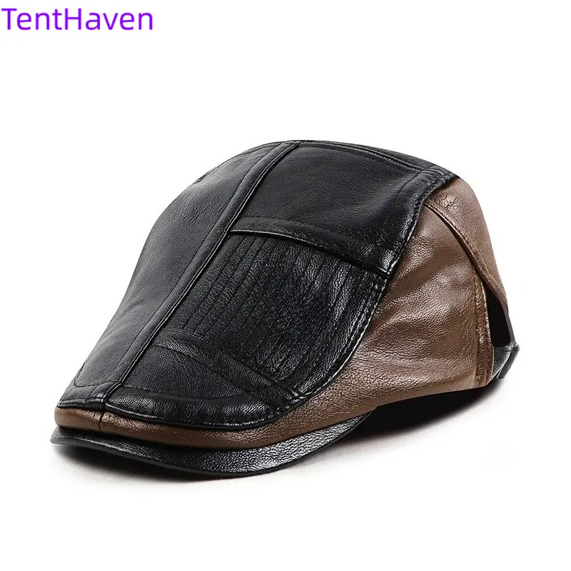 Men's Classic Leather Ivy Newsboy Cap - Contrast Block Design, All-Seasons Wear, Casual Headwear for Casual Sports & Outdoor Activities