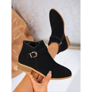Women’s suede ankle boots featuring a metal buckle and wooden heel, side zipper design—fashionable shoes for everyday casual wear