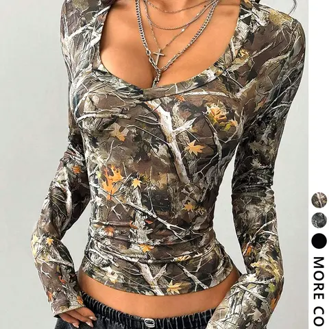 Women's Plain / Camo Print Tee, Basic Casual Everyday Long Sleeve V Neck Fit T-shirt for Fall & Winter, Women's Clothing for Daily Wear, Womenswear, Top