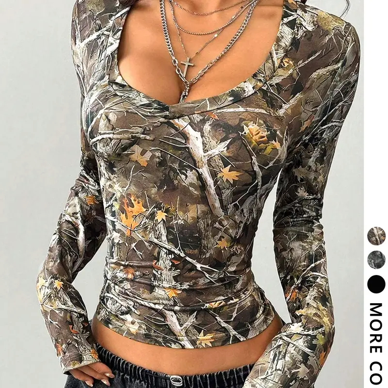 Women's Plain / Camo Print Tee, Basic Casual Everyday Long Sleeve V Neck Fit T-shirt for Fall & Winter, Women's Clothing for Daily Wear, Womenswear, Top