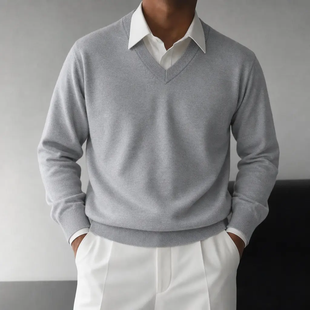 Men's Classic V-Neck Knit Sweater. Old Money Aesthetic Layering Pullover Top. Quiet Luxury Smart Casual Fall Winter Clothes. Essential Solid Long Sleeve Knitwear for Office, Date Night & Everyday Outfits.