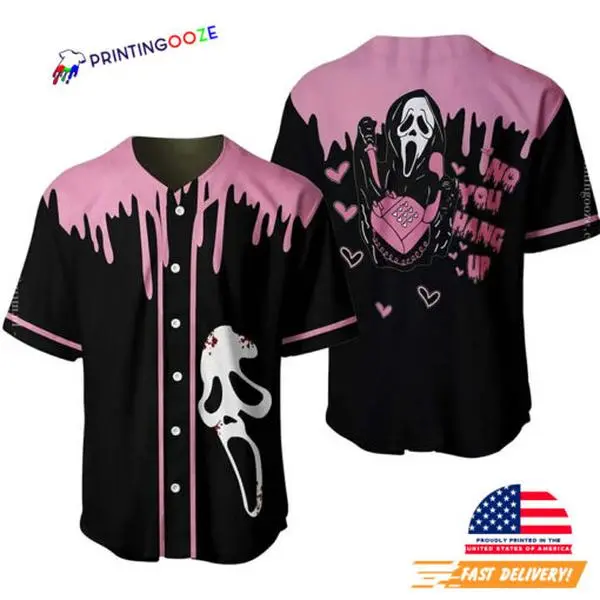 Ghostface Style Baseball Jersey – Pink Black Horror Graphic Button Up Shirt, Unisex Streetwear