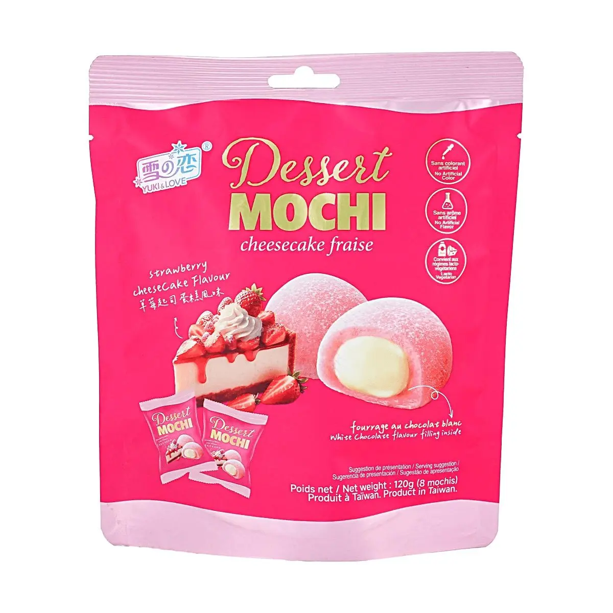 YUKI&LOVE Strawberry Cheesecake Mochi Daifuku - 120g Taiwanese Soft Rice Cake Snacks with Creamy Filling