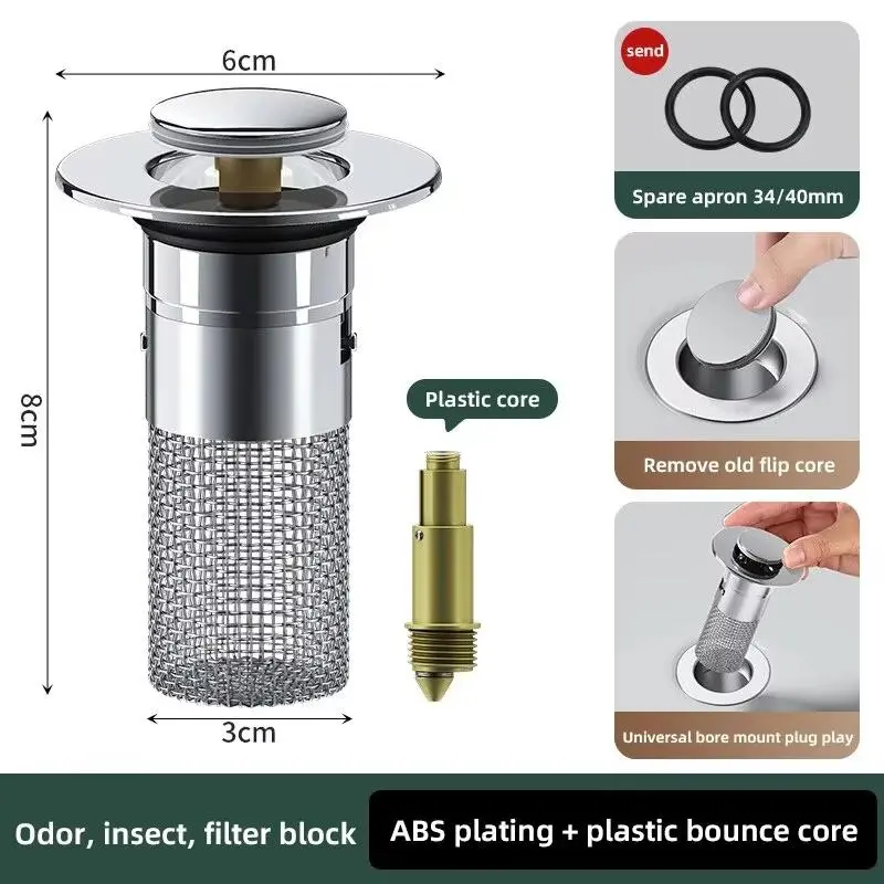1PCS Washbasin Leak Plug, Stainless Steel Odor Proof Bouncing Core, Press Type Sink Drain, Universal Accessory for Washbasin other