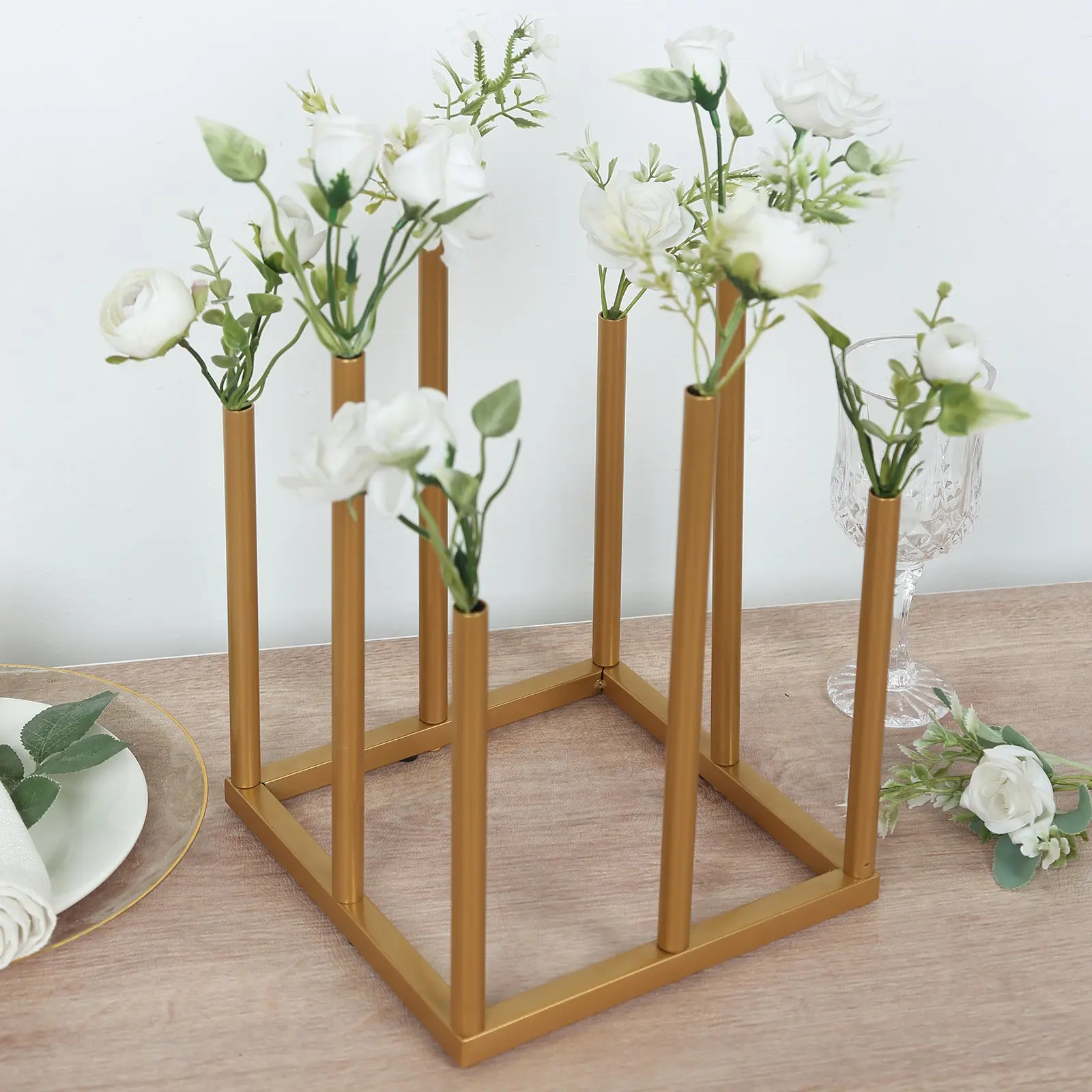 Gold Metal Flower Vase Centerpiece - 10" 8-Tube Freestanding Modern Minimalist Square Base, Single Stem Bud Vase for Wedding Decor, Birthday Gift, Housewarming Present