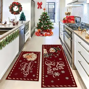 Set of 2 Christmas Kitchen Mats, Absorbent Non-Slip Polyester Floor Pads, Washable Soft Silica Gel Material, Long Rectangle for Kitchen & Office Doorway