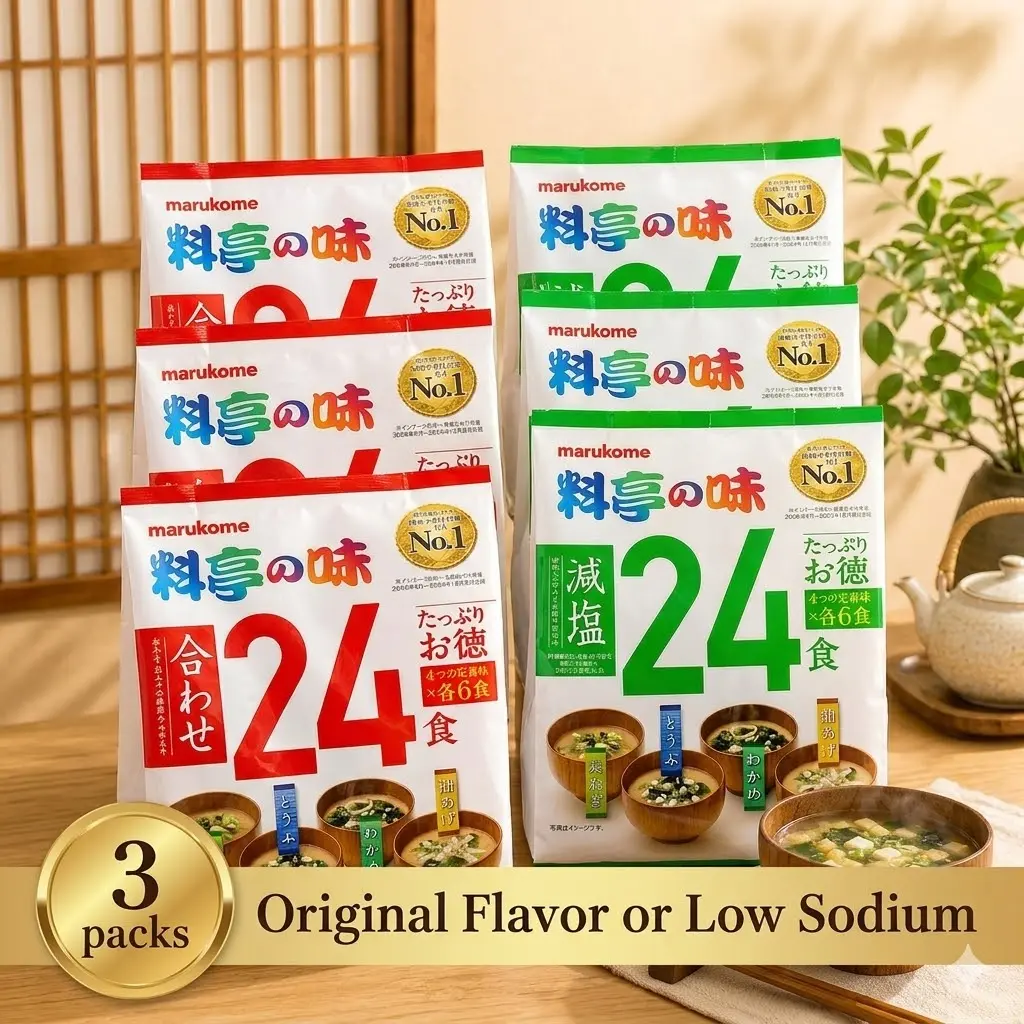 1/2/3Packs Marukome Ryotei No Aji Instant Miso Soup Variety Pack - Quick & Easy Japanese Soup Mix, 24 Servings per Pack (Choose Regular 430g or Low Sodium 397g) - Includes Tofu, Fried Tofu, Wakame, and Green Onion Vegetable