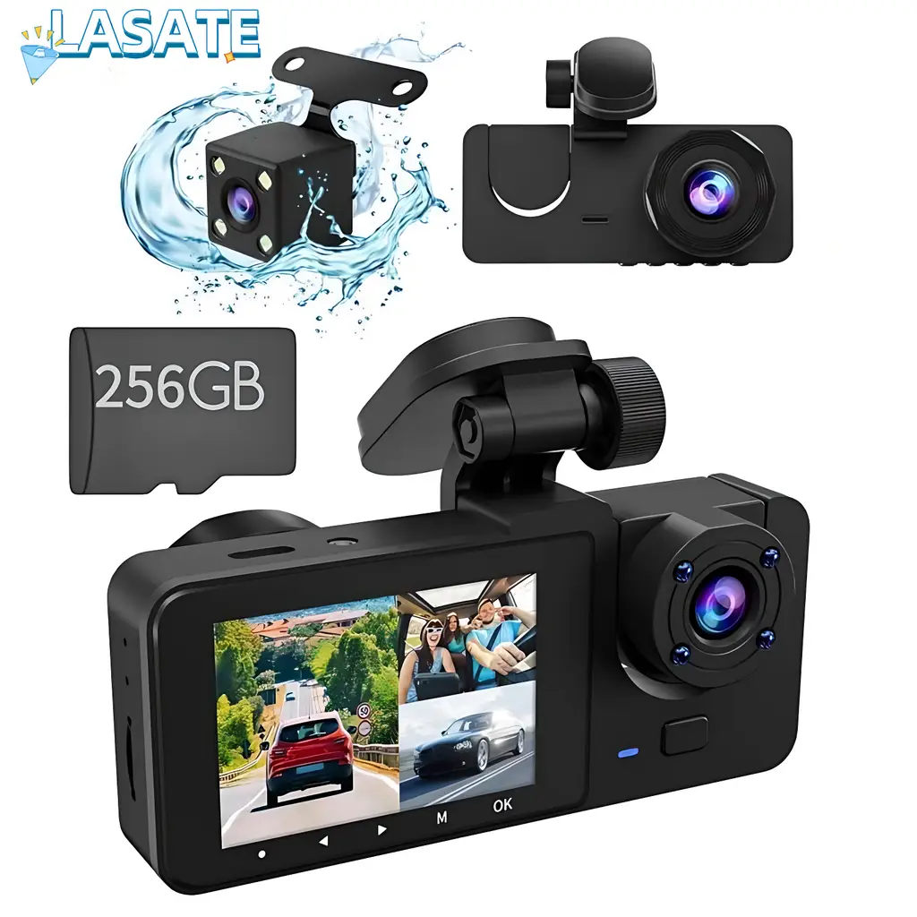 LASATE Dash Camera HD Car DVR with Dual Lenses Super Night Vision Loop Recording 256GB Memory Card Rotatable Dashcam Video Recorder