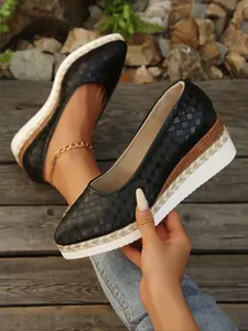 Retro Style Women's Wedge Loafers, Pointed Toe Straw Platform Shoes, Easy Slip-On Design, Lightweight and Comfortable, All Seasons, Flatform, Casual Wear Shoe