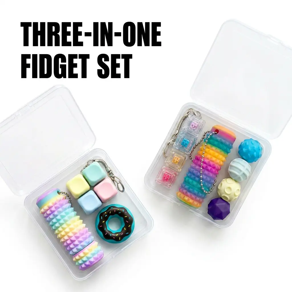 3-in-1 Anxiety Relief Fidget Toy Set - Sensory Fidgets, Pocket Stress Toys, Pain Stimulators, Magnetic Balls, Keyboard Keychain, Rainbow Gift for Kids (Ages 24 Months+)