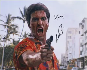 Al Pacino Autographed Scarface 16" x 20" Hawaiian Shirt Holding Gun Photograph with "Tony" Inscription