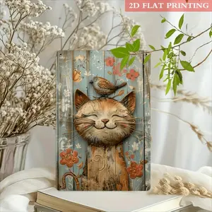 Vintage 2D Flat Cat and Bird Metal Sign for Indoor Outdoor Wall Decor Ideal for Bedrooms Offices Cafes and Garages