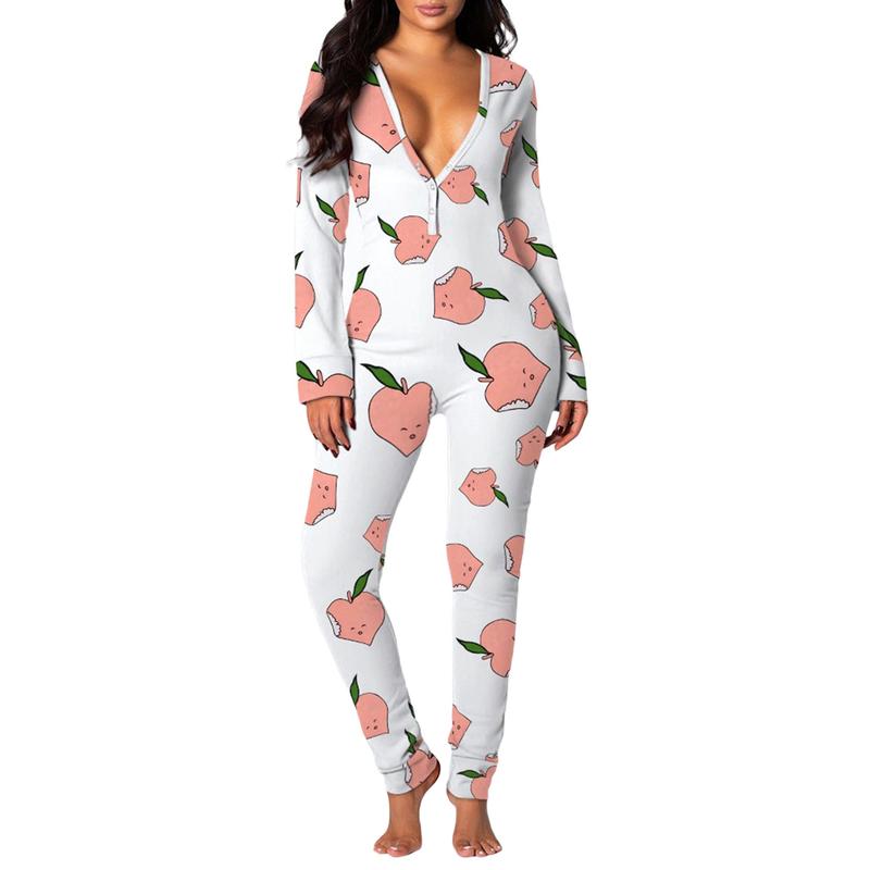 Women's Sleeping Romper, Valentine's Day Pajamas, Long Sleeve V-Neck Printed Loose Detachable Crotch Elastic Home Clothes