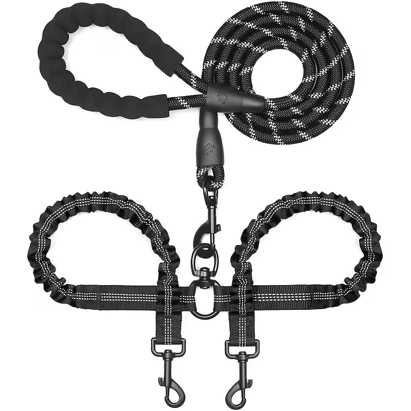 Double Dog Leash - Nylon Rope 360° Swivel Tangle-Free Bungee Lead with Shock Absorb, Reflective, Dual Handles for Controlling 2 Large/Medium Canines (18~120 lbs), 2-Dog Walking & Training, Black