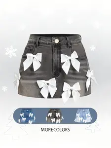 Women's Elastic Denim Short Skirt with Bow, Slant Pockets, High Stretch Fitted Fabric, Womenswear Casual Fashion for Parties Holidays Daily Wear, Cute